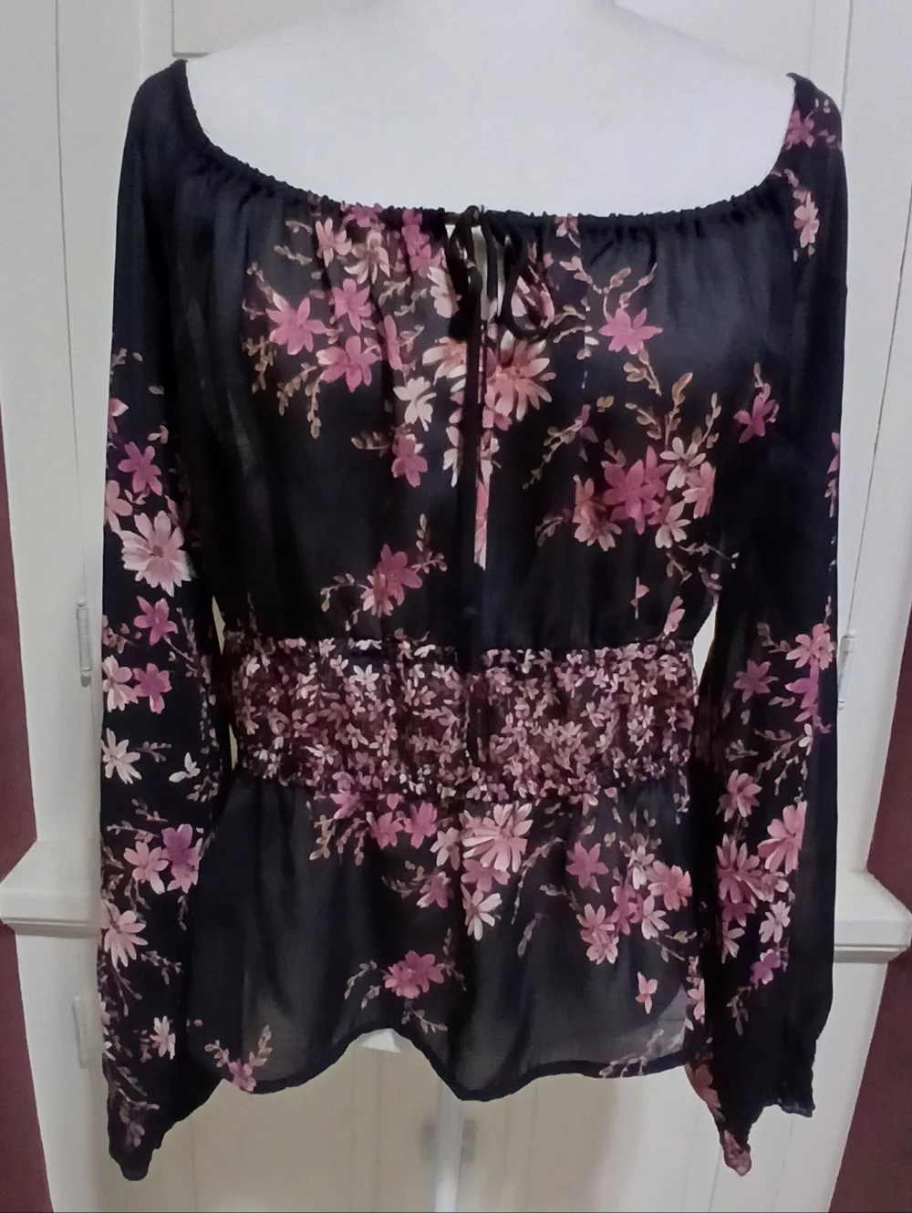 Vintage AGB Byer California Size M Black Pink Floral Mesh Y2K Blouse Top - Picture 3 of 7